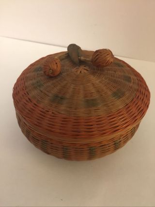 Antique Pine Needle Sewing Basket With Lid Cherries Handle 5”