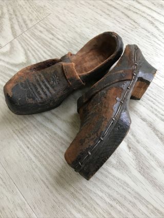 Primitive Antique 19th Century Leather Clog Shoes,  Child Size Wooden Sole
