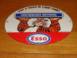 Vintage 1962 " Esso Tiger In Your Tank Gasoline " 11 3/4 " Porcelain Metal Oil Sign