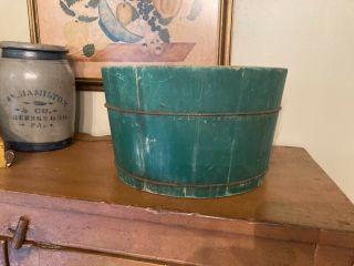 Vintage Primitive Green Painted Wood Wooden Bucket Planter Farmhouse Decor 13 " D