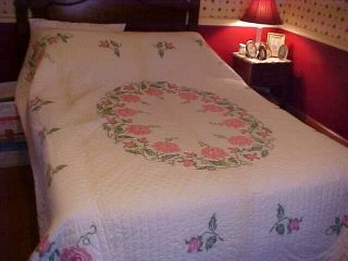 Vintage Quilt,  Cross Stitch Embroidered Roses Pink Flower Design