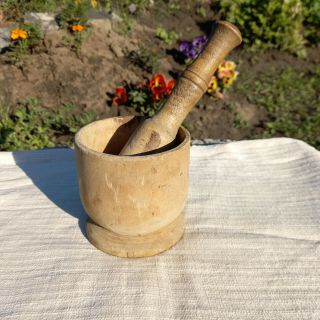 Antique Primitive Small Wooden Mortar And Pestle