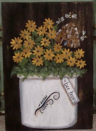 Primitive Hp Folk Art Crock Of Daisies Bees Skep Bees Reclaimed Wood
