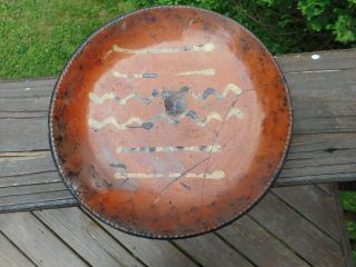 Antique Redware Plate In Redware With Yellow Slip Decoration & Coggled Rim