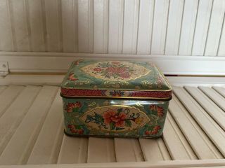 Vintage Daher Tin - Made In England - Floral.  Teal And Rose -