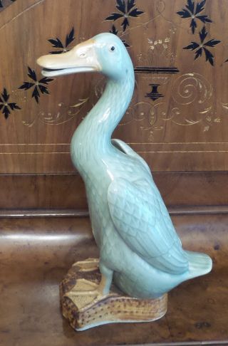 Vintage Chinese Celadon Green Open Mouth Tongue Duck Figurine Signed