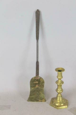 Rare 18th C Pennsylvania Wrought Iron & Brass Blade Spatula Or Peeler Early Form