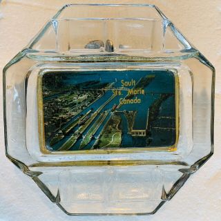 Vintage Souvenir Glass Ashtray Sault Ste Marie Locks Canada Michigan