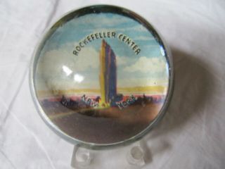 Vintage 3 " Round Glass Dome Paperweight " Rockefeller Center - York "
