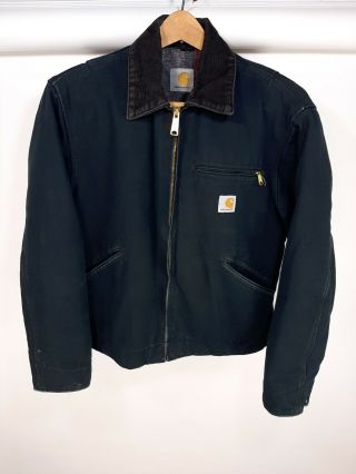 Vintage 90s Carhartt Detroit Blanket Lined Work Jacket Black Canvas Mens Small