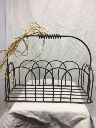 Metal Wire Basket With Handle Vintage Rustic Decor Can Fit 3 Clay Pots 11 " X5 "