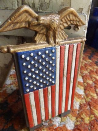 Primitive Vintage Painted Cast Iron American Flag With Bald Eagle On Top