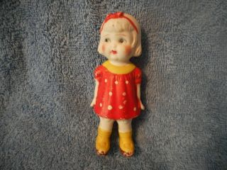 Vintage Japan Frozen Bisque Penny Doll,  Girl In Red Polka Dot Dress