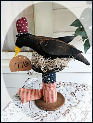 Primitive Handmade `uncle Sam`black Crow On Old Spindle`americana 1776`flag