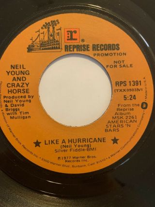 Neil Young & Crazy Horse Promo 45/ " Like A Hurricane " Reprise Vg,