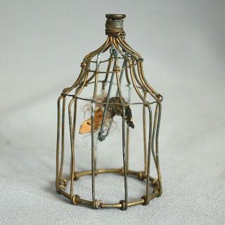Antique Primitive Tiny Miniature Wire Bird Cage W Bird Hand Made