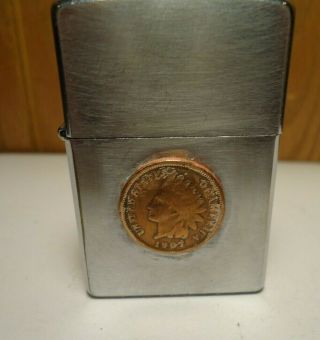 2006 Zippo Lighter Brushed Chrome With A 1907 Indian Head Penny On Front