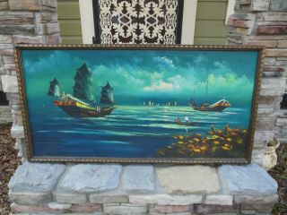 Vintage Chinese Junk Boat Oil Painting Signed Yeng 50 " X 25.  5 "