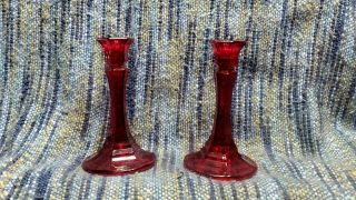 Indiana Glass Ruby Red Candlesticks Tapered Candle Holders 6 Inch Tall