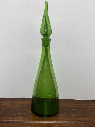 Blenko Vintage Green Glass 18” Decanter With Stopper