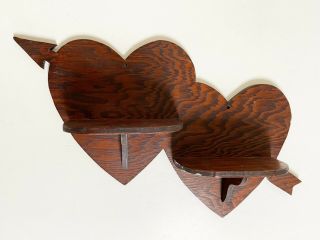 Old Vintage Folk Art Fretwork Double Hearts Arrow Sweetheart Wood Wall Shelf 16 "