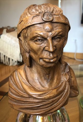 Vintage Folk Art Carving Native American Indian Chief Wood Bust Sculpture Great