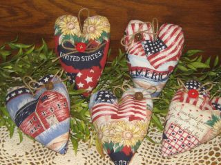Patriotic Decor 5 Fabric Hearts 4th Of July Bowl Fillers Vintage Look Ornaments