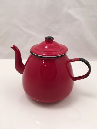 Vintage Red And White Enamelware Tea Pot Kettle With Lid Farmhouse Decor Mcm