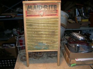Antique Primitive Maid Rite Brass 2062 Wood Washboard Scrub Board
