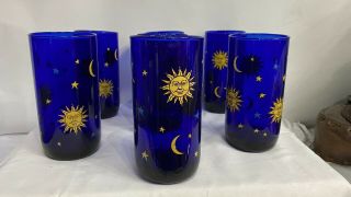 Set Of 7 Vintage Libbey Cobalt Blue Glass Drinking Cup Tumbler Celestial Sun Sfa