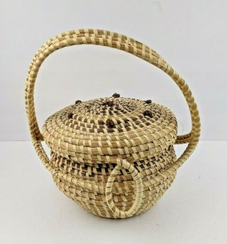Vintage Charleston Sweetgrass Gullah Basket With Handle & Lid By Matilda Fludd