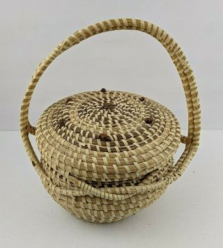 Vintage Charleston Sweetgrass Gullah Basket with Handle & Lid by Matilda Fludd 3