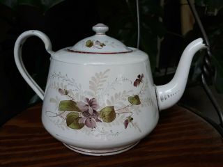 Antique 1880 Primitive White Graniteware Enamelware Teapot Kettle Pansy Flowers