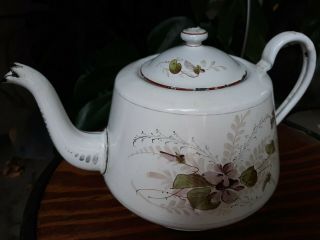 Antique 1880 Primitive White Graniteware Enamelware Teapot Kettle Pansy Flowers 2