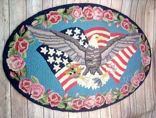 Vintage Claire Murray Hand Hooked Patriotic Flag Eagle R778 Oval 24 X 36