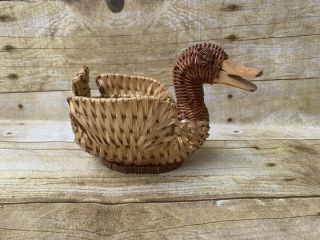 Vintage Duck Shaped Woven Rattan Wicker Basket/planter With Wooden Beak
