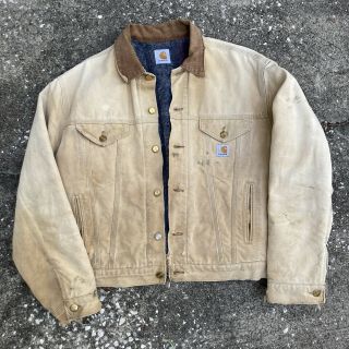 Vintage Carhartt Blanket Lined Trucker Jacket Size Xl Worn Distressed Duck Tan