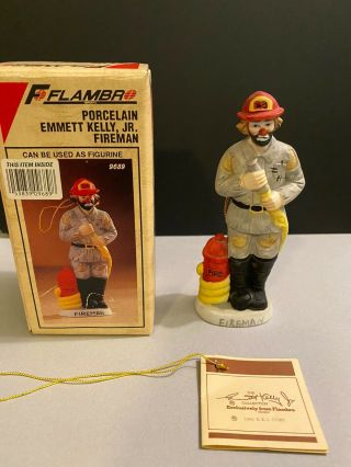 Emmett Kelly Jr Clown Fireman Porcelain Figure Flambro Christmas Ornament W/box