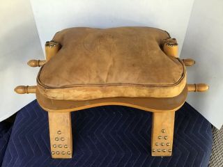 Vintage Wooden Camel Saddle Stool With Tooled Leather Seat