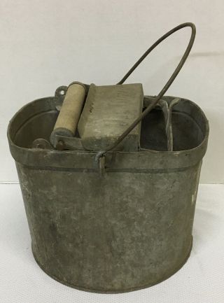 Vintage Deluxe Galvanized Mop Bucket W/ Wood Rollers And Metal Handle