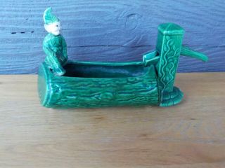 Vtg Treasure Craft Pottery Green Log Planter With Pixie Or Elf And Well Pump