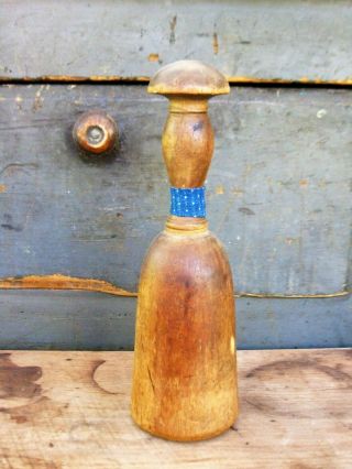 Antique Wood Masher With Mushroom Top Early Blue Calico Sleeve