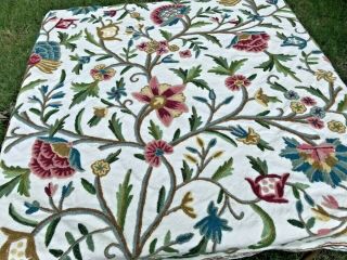 Gorgeous 70 " Round Vtg Tablecloth Floral Hand Embroidered Crewel Muslin Tapestry