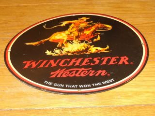 Vintage Nos Winchester Western Horse Man Gun 11 3/4 Porcelain Metal Hunting Sign