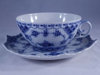 Vintage Royal Copenhagen Teacup Saucer 1130 Full Lace Blue Fluted Set 2nd Q