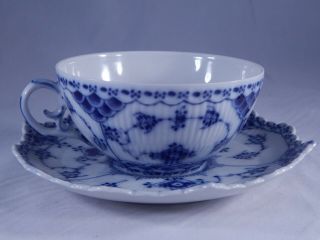 Vintage Royal Copenhagen Teacup Saucer 1130 Full Lace Blue Fluted Set 2nd Q 2