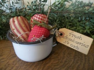 Trio Of Primitive Handmade Strawberries In Vintage Enamelware Cup