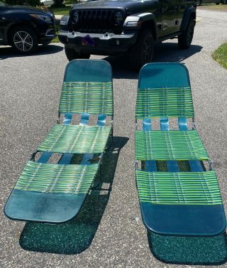 2 Vintage Blue Green Jelly Tube Vinyl Loungers Lounge Chairs Tri Fold Beach Pool