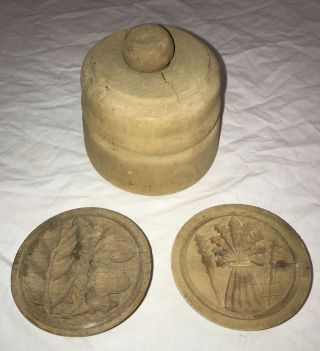 Antique Primitive Carved Butter Mold With 2 Stamps Acorn & Pineapple
