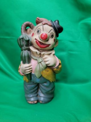 Vintage Ceramic Clown Bank Hand Painted Hobo With Umbrella & Cap